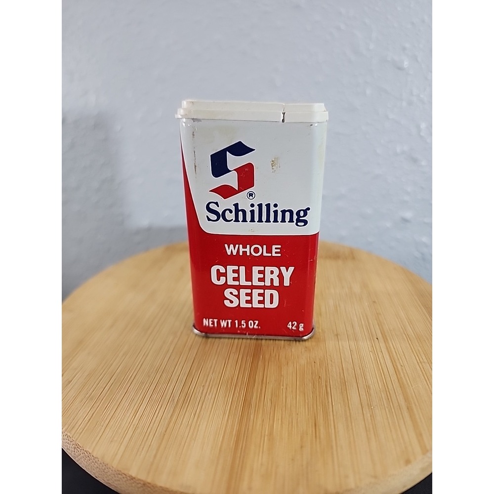 Schilling Whole Celery Seed Tin 1-1/2 oz Empty Plastic Top Uses For On Back VTG‎